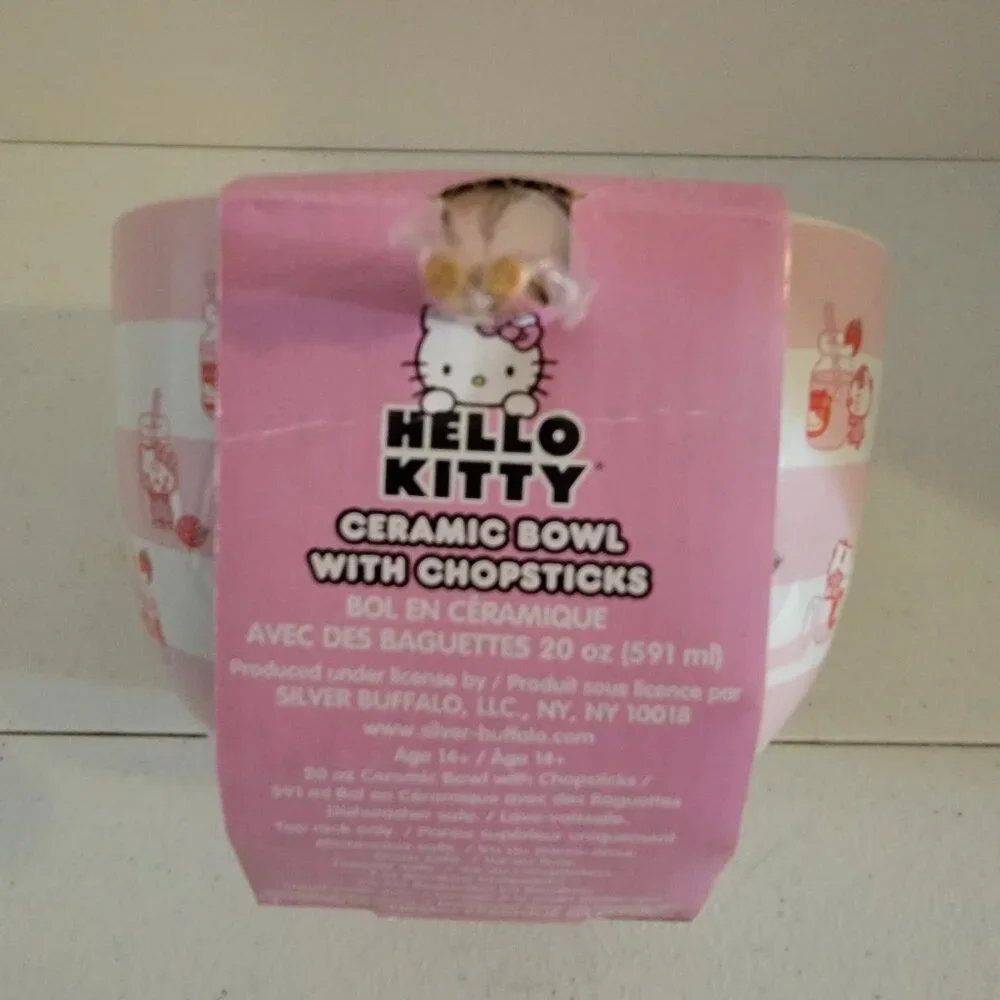 Hello Kitty Tokyo Pink Stripes Ramen Bowl Chopsticks Set New Sanrio Kawaii Ceram